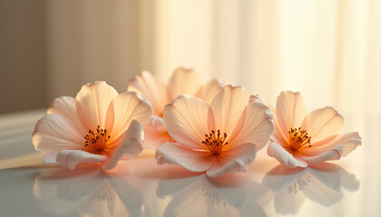 Naklejka premium Three Peach Cosmos Flowers on White Surface with Soft Backlighting