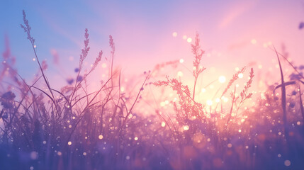 A landscape view of a dew-kissed meadow at dawn, symbolizing new beginnings, with mist floating over the grasses and flowers beginning to open.