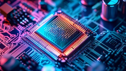Closeup of a CPU Chip on a Motherboard with Neon Lighting