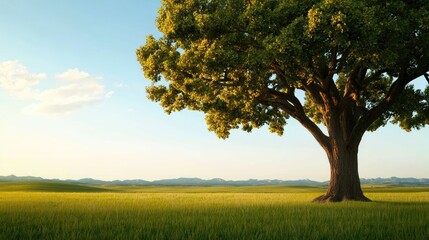Lone tree in a field under a bright sky, showcasing nature's serene beauty.