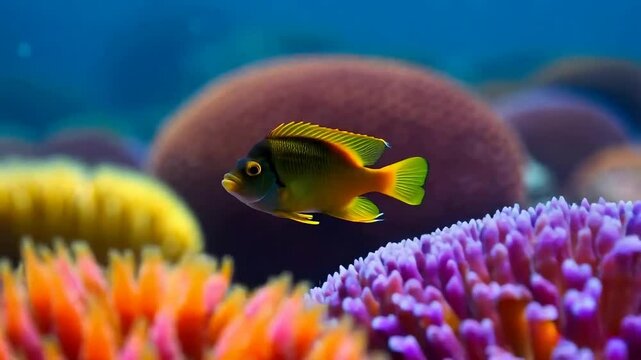  scarface damsel fish gracefully navigating through a vibrant coral reef