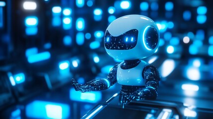 Futuristic Robot in a Blue Digital Environment