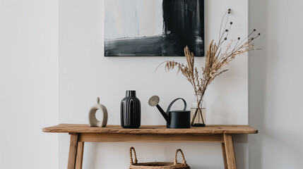 Obraz premium Rustic wooden shelf with minimalist decor and dried plants against white wall