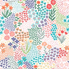 Naklejka premium Happy Flower Garden Seamless Pattern