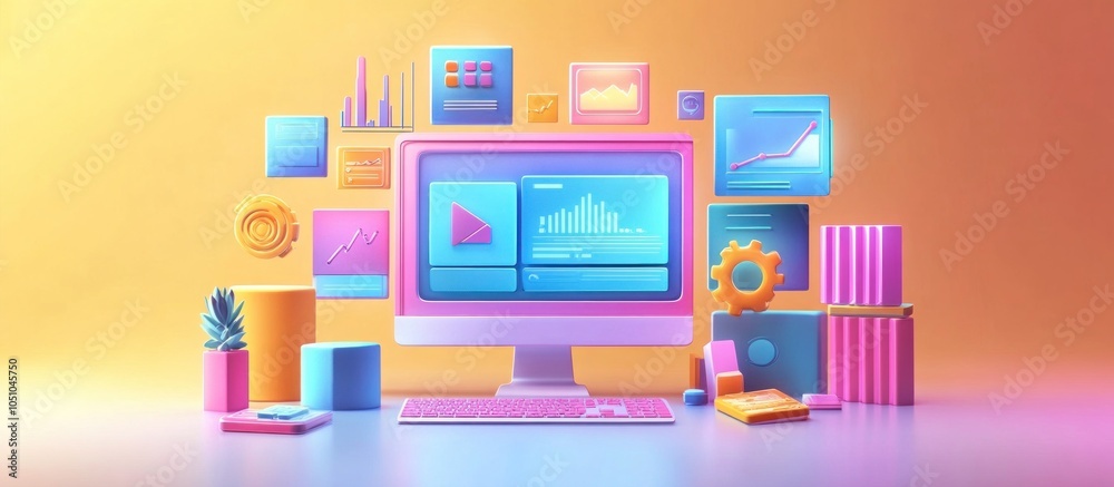 Sticker colorful computer with a variety of icons and data visualizations.