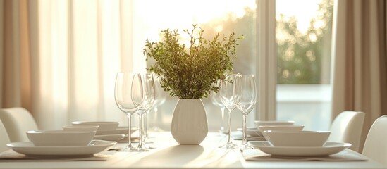 Table setting with green plants, white plates, and glasses in front of a window.