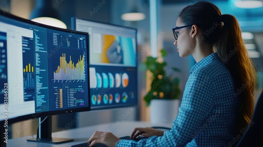 Poster data analysis in a modern workspace exploring technology and productivity through visual insights