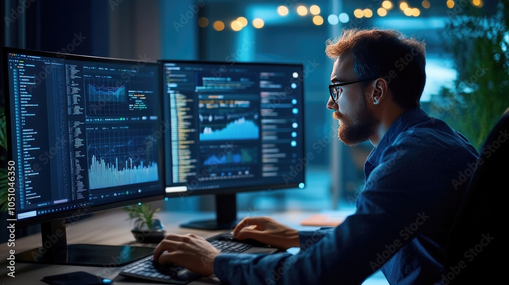 Poster a focused data analyst working on advanced analytics in a modern office environment with dual monito