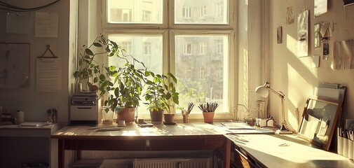 Natural light illuminates a cozy workspace with plants and art supplies.