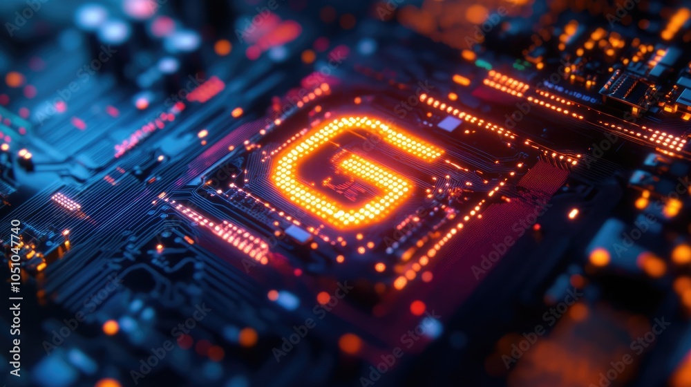 Poster illuminated microprocessor with g sign on a circuit board a dive into technology and innovation
