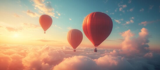 Fototapeta premium Three hot air balloons fly above clouds at sunset.