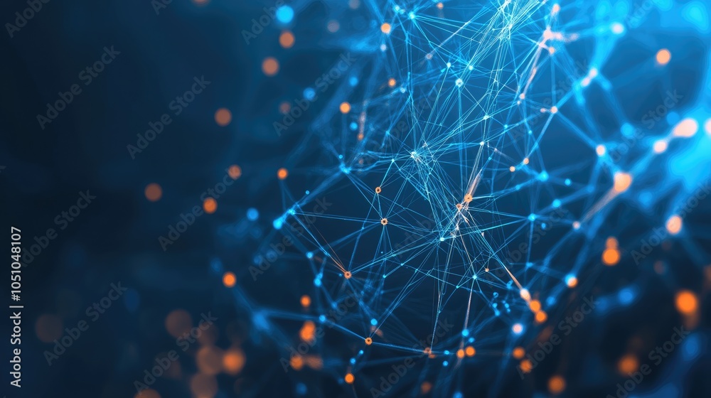 Poster exploring the interconnected network of data visualization through dynamic blue and orange light pat