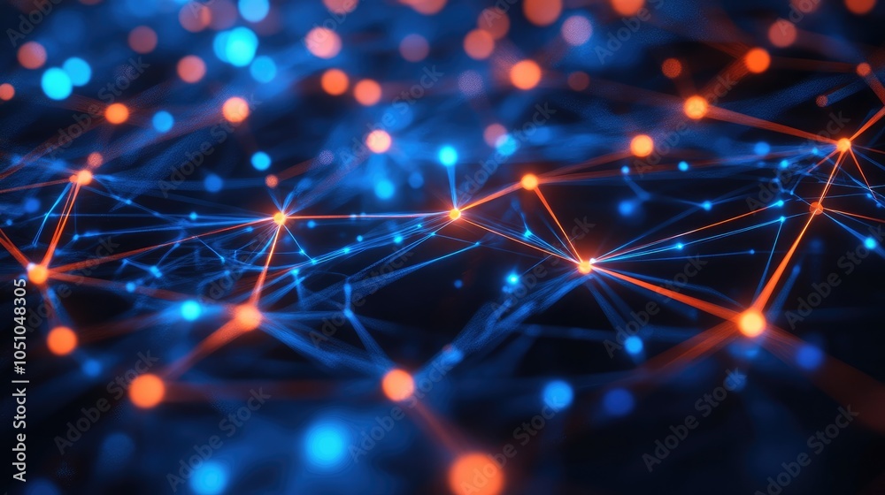 Poster dynamic network visualization exploring the interconnectivity of data through vibrant blue and orang