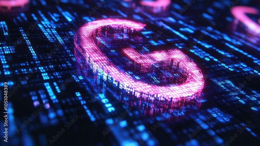 Poster exploring the digital landscape a deep dive into the g symbol represented in vibrant neon colors wit