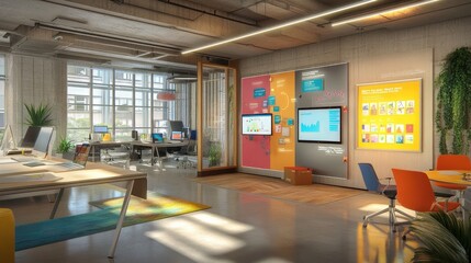 Modern office space with collaborative design elements and innovative technology integration