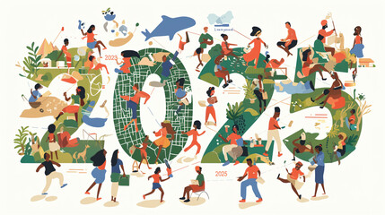 Fototapeta premium vibrant illustration depicting years 2023, 2024, and 2025, showcasing diverse people engaged in various activities, symbolizing global collaboration and community