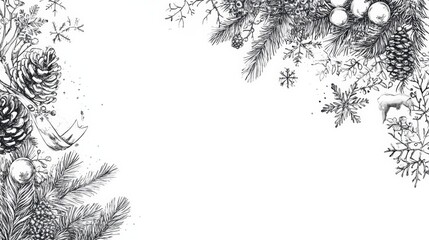 Christmas and New Year vector background. Border, overlay with traditional winter holiday symbols - ribbon Xmas tree, snowflakes. Hand drawn illustration on white background with copy space for text.