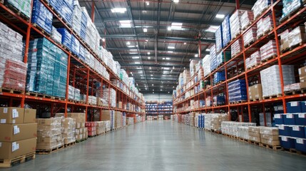 Large warehouse interior with organized shelving units for storage and distribution efficiency