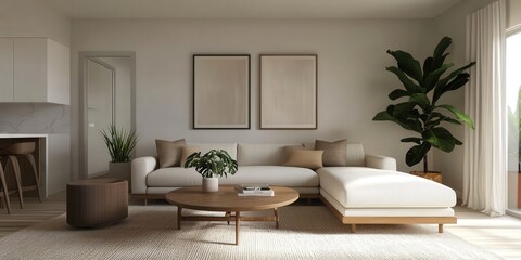 Fototapeta premium A bright and minimalist living room featuring a comfortable sofa, wooden coffee table, decorative plants, and modern artwork.