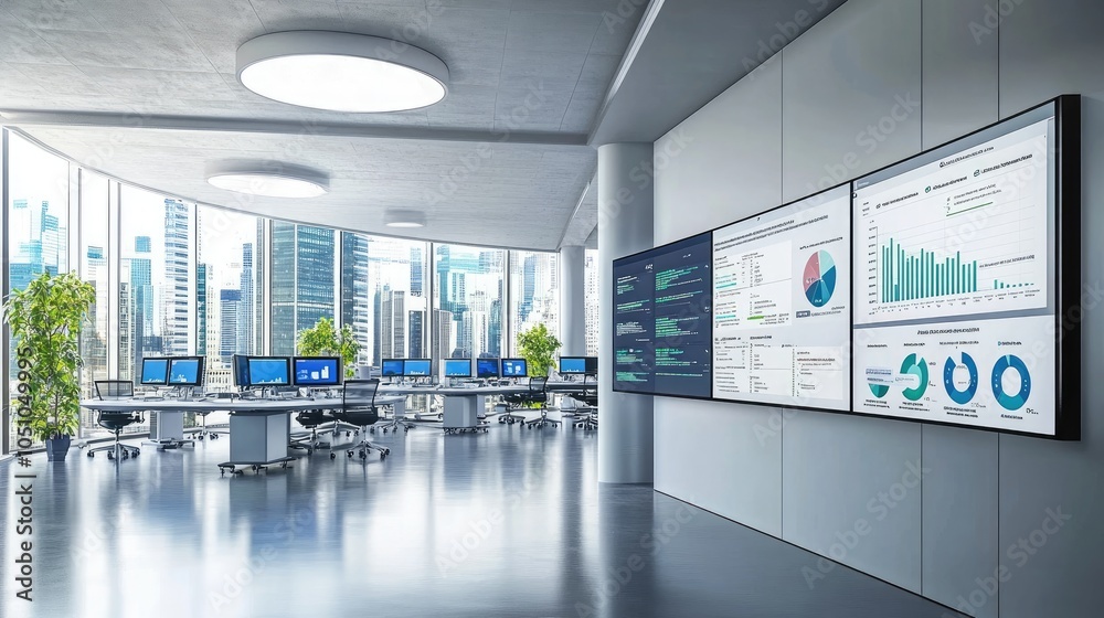 Poster modern office workspace with data visualization and technology integration