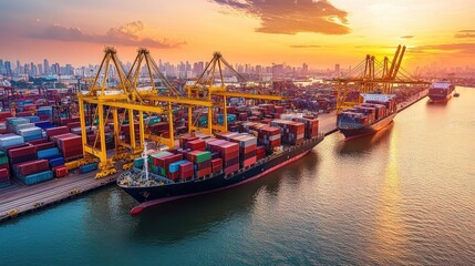 Fototapeta premium Aerial view of container ships loading and unloading at a busy port during sunset