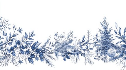 Obraz premium Christmas and New Year vector background. Border, overlay with traditional winter holiday symbols - ribbon Xmas tree, snowflakes. Hand drawn illustration on white background with copy space for text.
