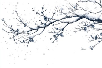 Fototapeta premium Winter Snow Falling on Branch with Snowy Buds Watercolor Painting