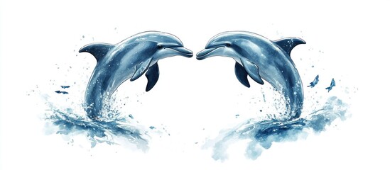 Fototapeta premium Two dolphins jumping out of the water, facing each other, watercolor illustration.