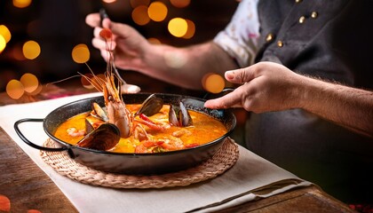 Faceless man eat Caldereta de Langosta in restaurant with bokeh background. Spanish Food.