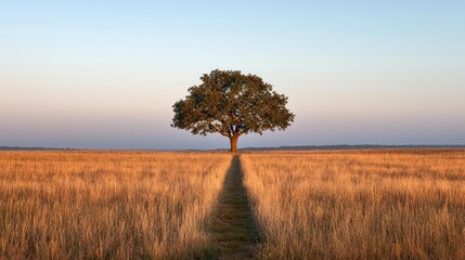 Fototapeta premium Lone tree in golden field under a bright sky, peaceful rural landscape.