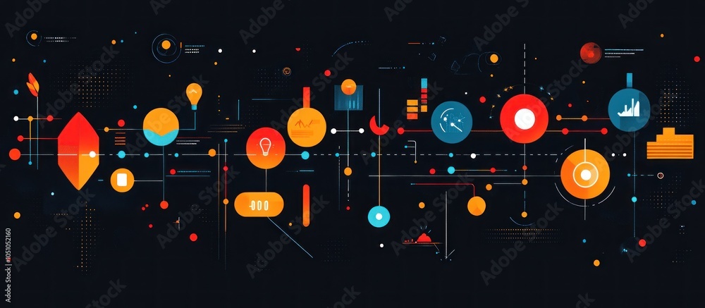 Poster abstract geometric shapes, lines, and icons connected in a network pattern.
