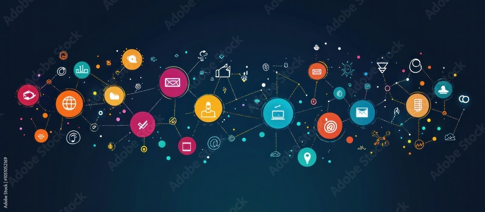 Poster abstract network graphic with interconnected colorful circles and icons, representing connections, r