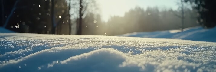 Close-up of fresh snow on ground with sunlight