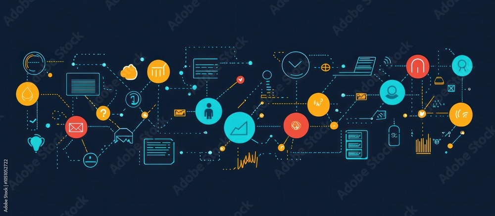 Poster abstract digital network of connected icons representing data, information, and technology.