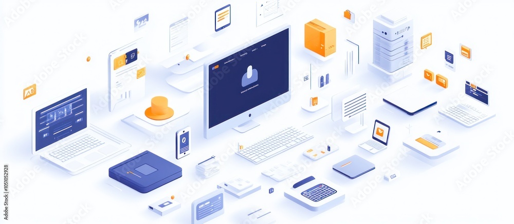 Poster isometric illustration of a computer network with various devices like desktop computers, laptops, s