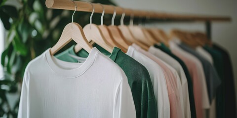 Obraz premium A collection of neatly hung shirts on wooden hangers, showcasing various colors and styles, set against a backdrop of greenery.