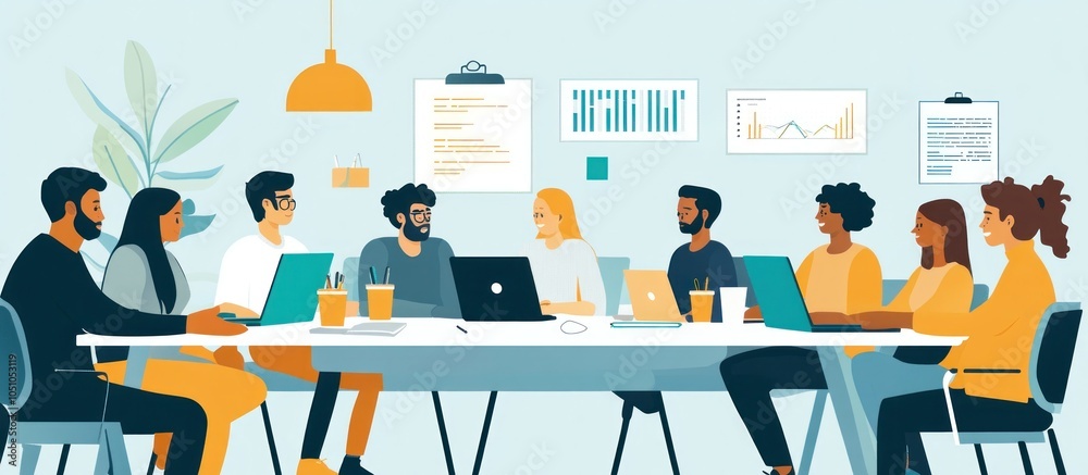 Wall mural a diverse team of eight people working on laptops in a meeting around a table with charts and graphs