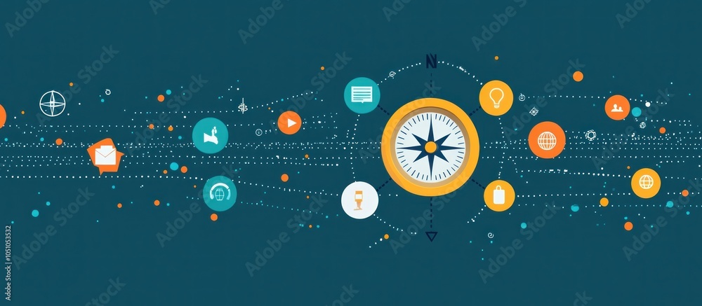 Canvas Prints abstract illustration of a compass surrounded by icons representing various business concepts.