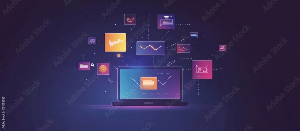 Poster laptop with abstract colorful icons connected by lines, representing communication, networking and d