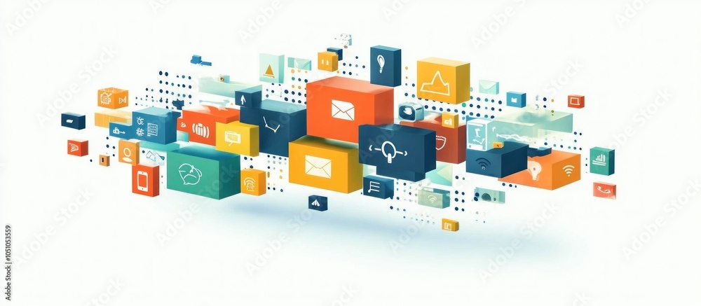 Wall mural abstract illustration of colorful cubes with icons related to technology and communication on a whit
