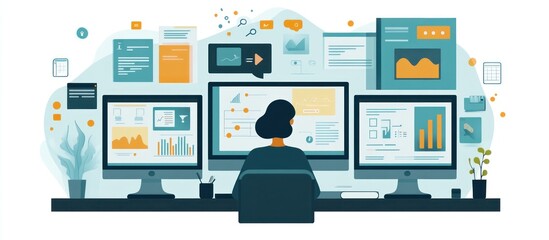 Fototapeta premium Person working at a desk with three computer monitors filled with data and graphs.