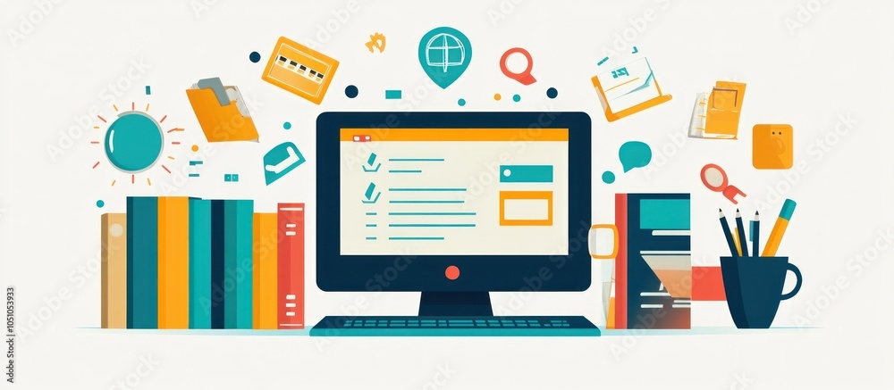 Sticker desktop computer with a keyboard and a stack of books, pens and pencils in a cup, and many icons aro