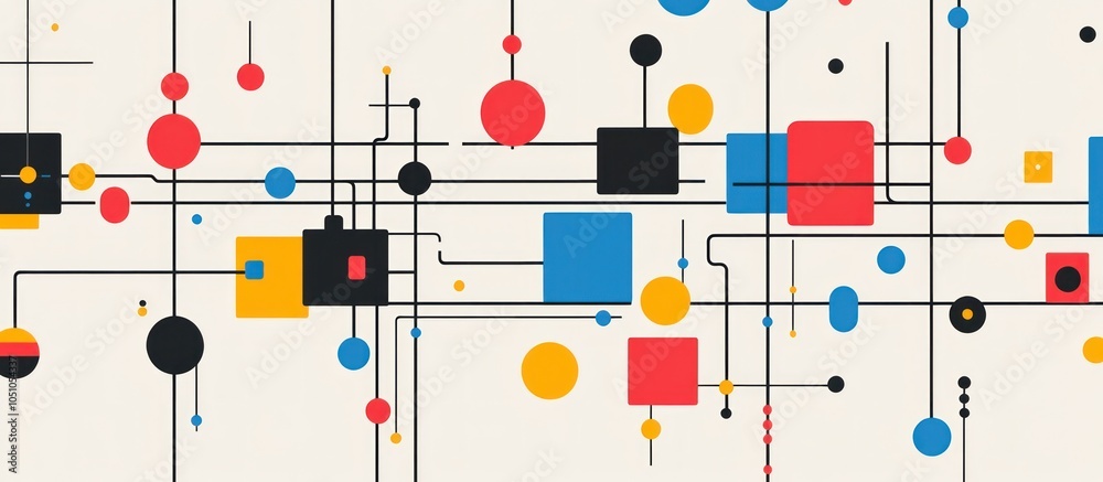 Poster abstract geometric background with lines, circles, and squares in various colors.