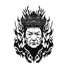 Black and White Illustration of a Person with a Dragon Head Crown