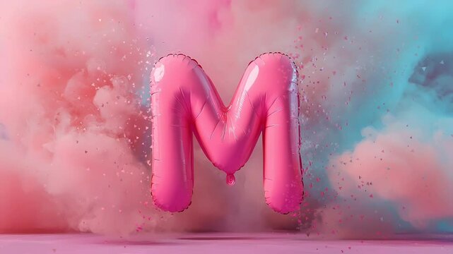 adorable balloon-shaped letter 'M' in pink colors, multicolored particles and gentle plumes of smoke background a magical and dreamy effect
