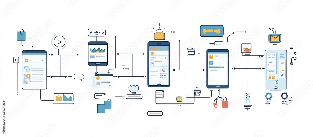 Wall mural illustration of a smartphone connected to various icons representing different features.