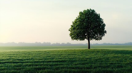 Obraz premium Lonely tree stands in a vast green field against a serene sky.