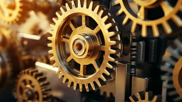 Close-up of golden gears in a complex machine, creating a detailed and intricate pattern.