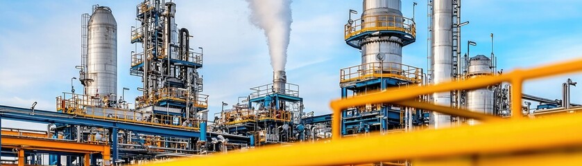 A vibrant industrial scene showcasing towering structures of a modern oil refinery with clear blue skies and steam emissions.