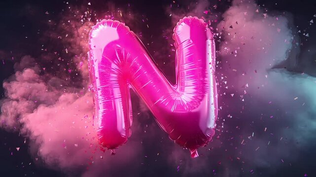 round balloon-shaped letter 'N' in pink colors, multicolored particles and gentle plumes of smoke background a magical and dreamy effect